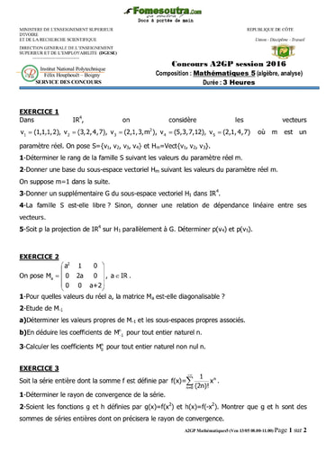 Sujet de Mathématiques 6 (statistiques, probabilités) concours A2GP 2016