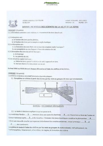 Sujets de SVT Première C Lycée Classique Abidjan 2022-2021