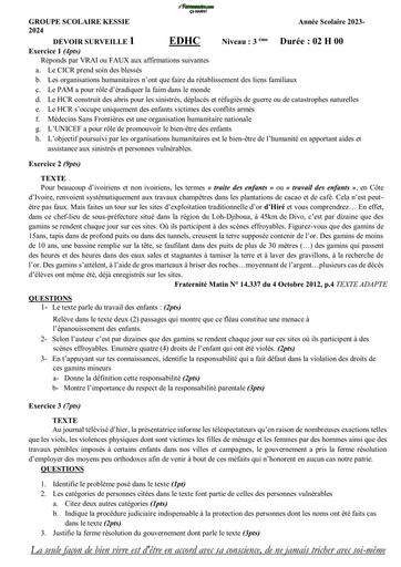 SUJET 3ième DEVOIR EDHC 3ème GS KESSIE BY TEHUA
