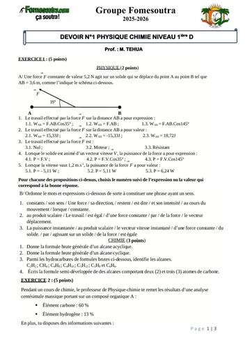 DEVOIR N°1 PHYSIQUE CHIMIE NIVEAU 1ière D by Tehua