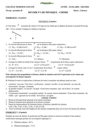 DEVOIR 1 PC 1ère D 2024 by Tehua