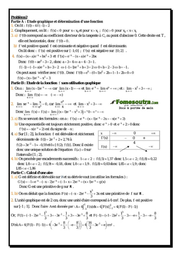 Corrigé Problème (2) Etude d'une fonction exponentielle - Maths Terminale D