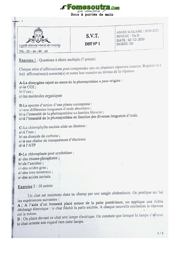 Sujet de SVT Terminale D 2020-2021 Lycée Classique Abidjan