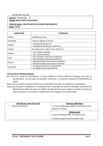 FICHE DE COURS PHYSIQUE Tle D L15  REACTION NUC PROVOQUEES