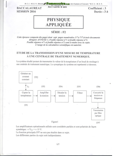 Sujet de Physique Appliquée du BAC F2 2016