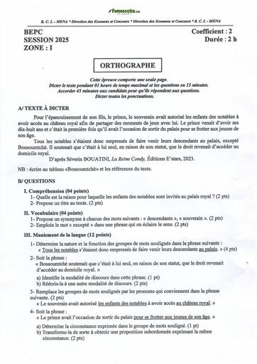 BEPC 2025 ORTHOGRAPHE ZONE 1 Côte d'Ivoire SUJET+ CORRIGE by TEHUA