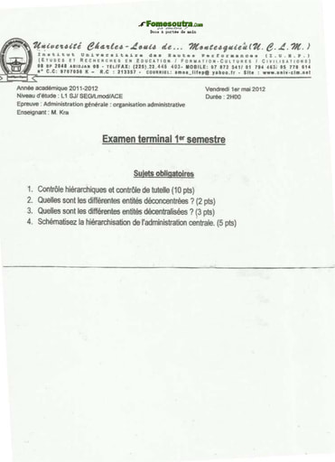 Sujet Administration générale niveau Licence 1 SEG - Université Charles-Louis De Montesquieu