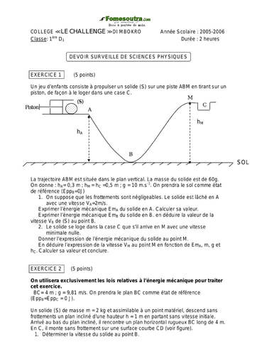 Devoir (5) de Physique-chimie 1ère D Challenge de Dimbokro