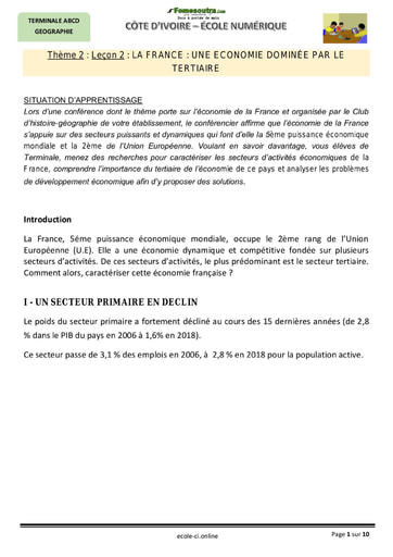 Cours de Histoire-Géographie : LA FRANCE : UNE ECONOMIE DOMINÉE PAR LE TERTIAIRE