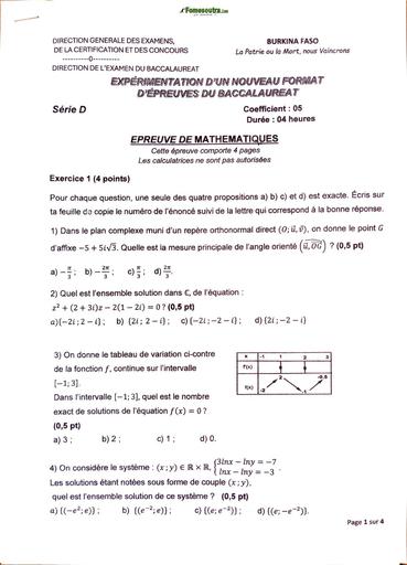 Expérimentation du nouveau format du Bac Maths serie D BURKINA BY TEHUA