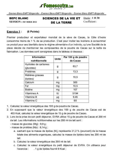 Sujet de SVT BEPC blanc 2012 EMPT Bingerville