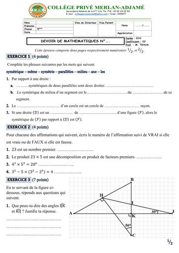 DEVOIR DE MATHS NIVEAU 5ième DU MOIS DE DECEMBRE 2025 MERLAN BY TEHUA