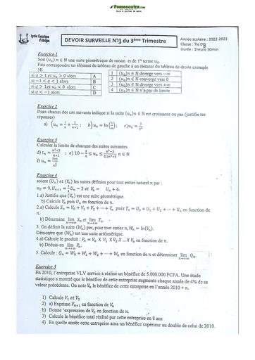 Sujet Prépas BAC Mathématique TD Lycée Classique Abidjan 2023
