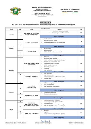 PROGRESSION MATHS  TE 2026 BY TEHUA
