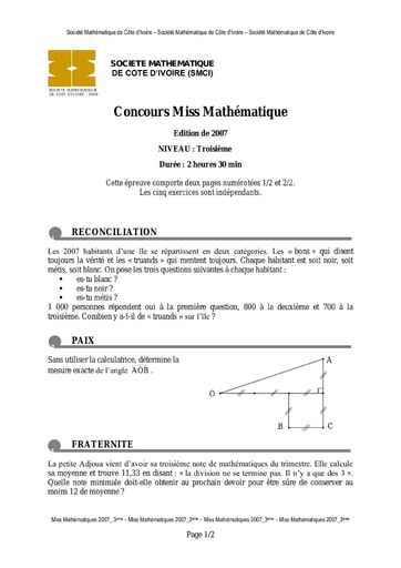 Miss Maths 2007 Niveau 3eme