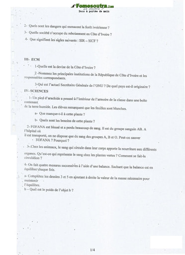 Sujet et corrigé d'Eveil au milieu concours d’entrée à l'EMPT Bingerville 1998