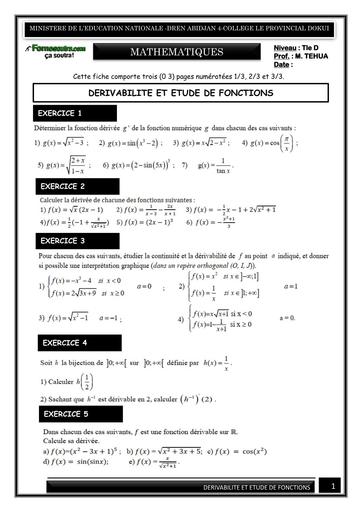 FICHE DE TRAVAUX DIRIGES MATHS  DERIVABILITE ET ETUDE DE FONCTIONSTle D BY TEHUA