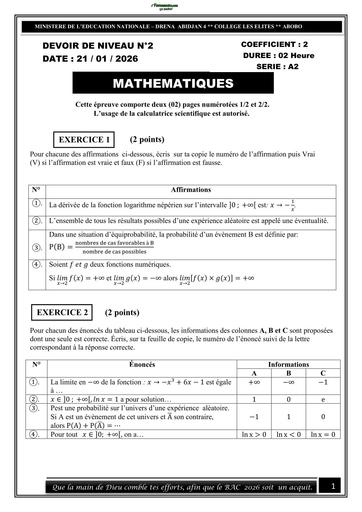 DEVOIR DE MATHS Niveau Tle D 2025 2026 (2ième Trimestre) by TEHUA