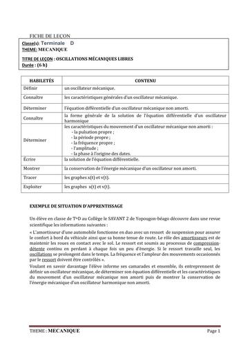 FICHE DE COURS PHYSIQUE Tle D L4 OSCILLATIONS MECANIQUE