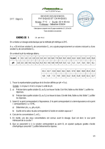 Devoir (7) de Physique-chimie terminale C EMPT Bingerville