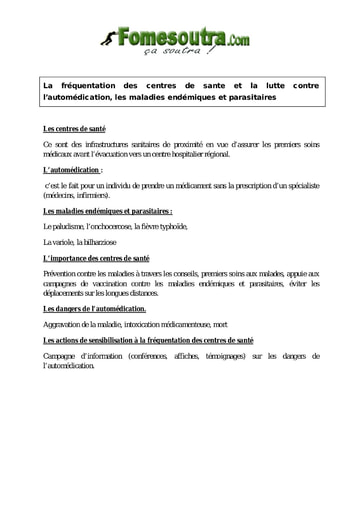 La fréquentation des centres de sante et la lutte contre l’automédication, les maladies endémiques et parasitaires