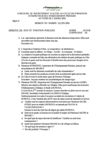 Sujet (3)  ECM et Fonction Publique - Inspecteur de l'Enseignement Primaire