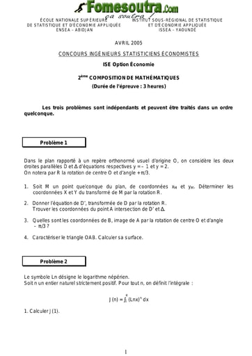 Sujet 2ème épreuve de maths ISE option économie 2005 (ENSEA - ISSEA)