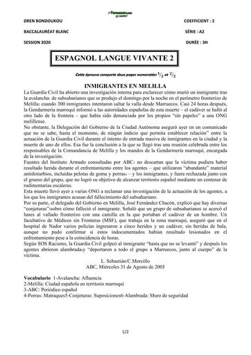 BAC BLANC LV2 ESPAGNOL série A2 2020 DREN bondoukou by TEHUA