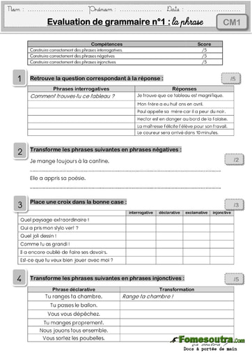 Evaluation de grammaire (4) : la phrase - Niveau CM1