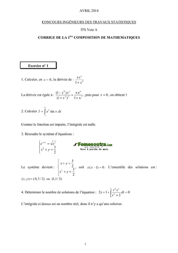 Corrigé 1ère épreuve de maths ITS A 2014 (ENSAE - ISSEA)