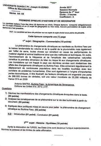 HIST GEO BAC A4,A5 2017 1er TOUR SESSION NORMALE