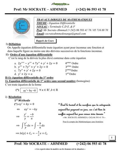 FICHE DE TRAVAUX DIRIGES EQUATION DIFFERENTIELLE Tle D by TEHUA