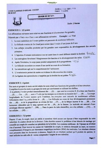 Sujet de SVT niveau Première D Lycée Classique Abidjan 22-23