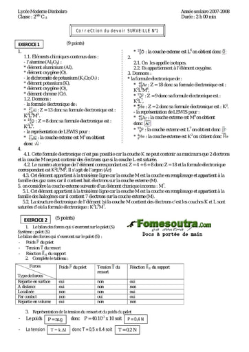 Corrigé Devoir 12 de Physique-Chimie niveau 2nd C