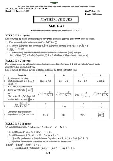BAC BLANC 2026 DRENA GAGNOA SUJET MATHS SERIE A1 (SUJET) by TEHUA