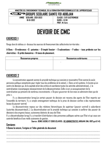 Devoir Seconde BT 2021 Collège Sainte Foi Abobo