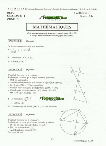 Sujet de mathématique BEPC 2014 Zone 3