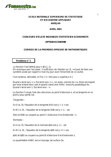 Corrigé 1ère épreuve de maths ISE option économie 2001 (ENSEA)