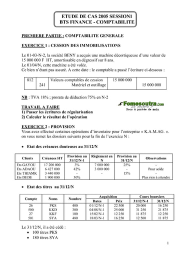 Sujet corrigé Etude de Cas BTS Finances Comptabilité 2005