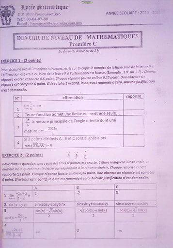 Devoir de Mathématiques niveau Première C - Lycée Scientifique Yamoussoukro - Année scolaire 2020-2021