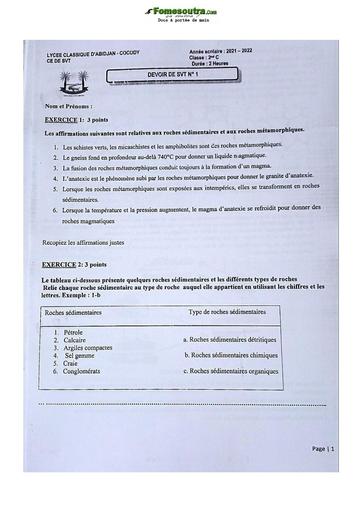 Devoir surveillé de SVT niveau Seconde C Lycée Classique Abidjan 21-22