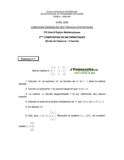 Sujet 2ème épreuve de maths ITS B option Maths 2009 (ENSEA)
