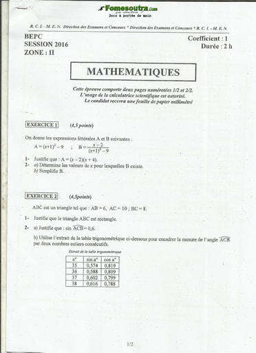 Sujet corrigé et barème de  Mathématique BEPC 2016 zone 2