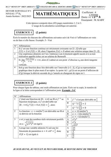Devoir surveillé de Maths Tle D 2023 sujet+barème C bocabo et associé by Tehua