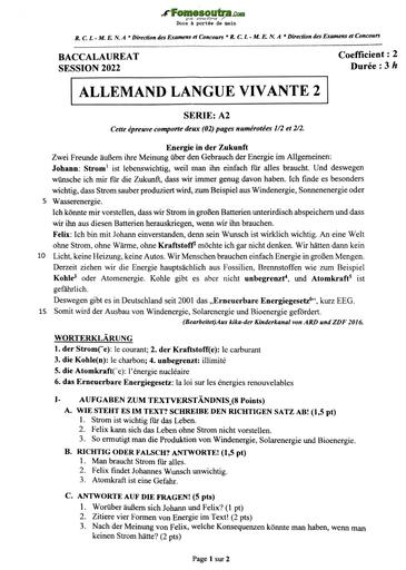 Sujet d'Allemand Langue Vivante 2 BAC A2 2022