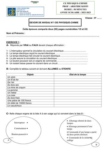 DEVOIR DE PC NIVEAU 6ième LYCEE LE ROI DES ROIS 2023 BY TEHUA