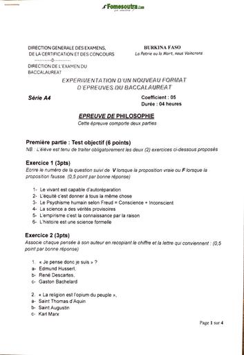 Expérimentation du BAC nouveau Format  Philo serie A4 BURKINA BY TEHUA