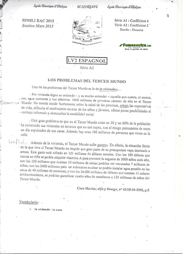 Sujet Espagnol LV2 BAC blanc 2013 série A1 et A2 - Lycée Classique d'Abidjan