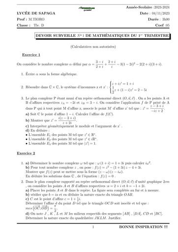DEVOIR DE MATHS NIVEAU Tle D SAPAGA 2024 N°1 BY TEHUA