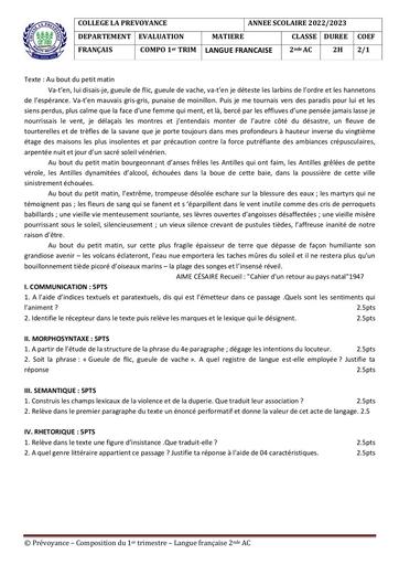 Langue française 2nde AC Compo trim 1 22 23